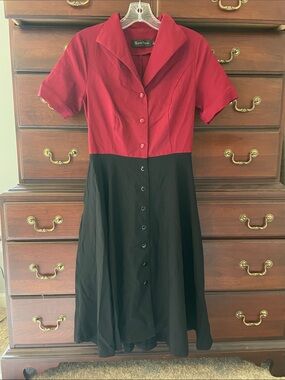 Rockabilly Swing Dance Two-Tone Red and Black Button-Front Midi Dress